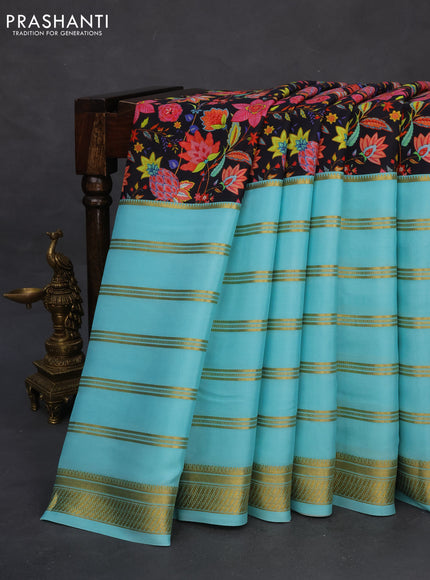 Pure mysore silk saree black and teal shade with kalamkari digital prints and long zari woven border