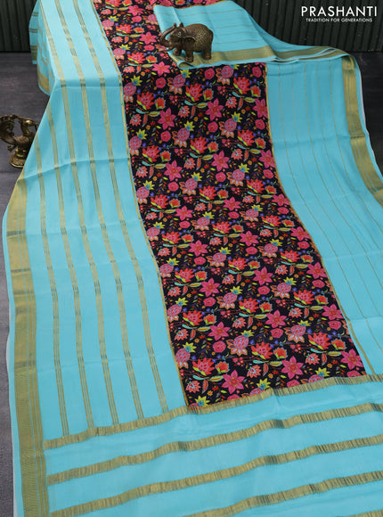 Pure mysore silk saree black and teal shade with kalamkari digital prints and long zari woven border