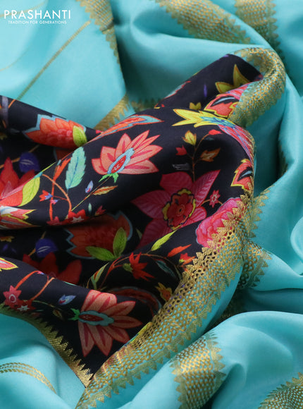 Pure mysore silk saree black and teal shade with kalamkari digital prints and long zari woven border