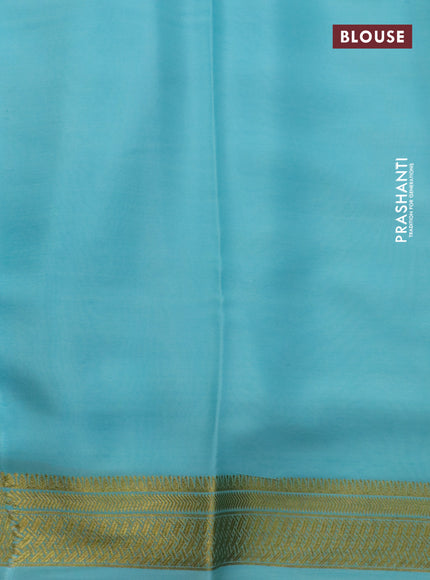 Pure mysore silk saree black and teal shade with kalamkari digital prints and long zari woven border