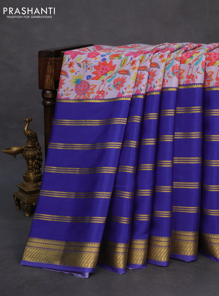 Pure mysore silk saree lavender shade and blue with kalamkari digital prints and long zari woven border