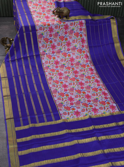 Pure mysore silk saree lavender shade and blue with kalamkari digital prints and long zari woven border
