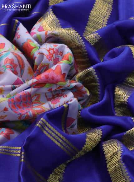 Pure mysore silk saree lavender shade and blue with kalamkari digital prints and long zari woven border