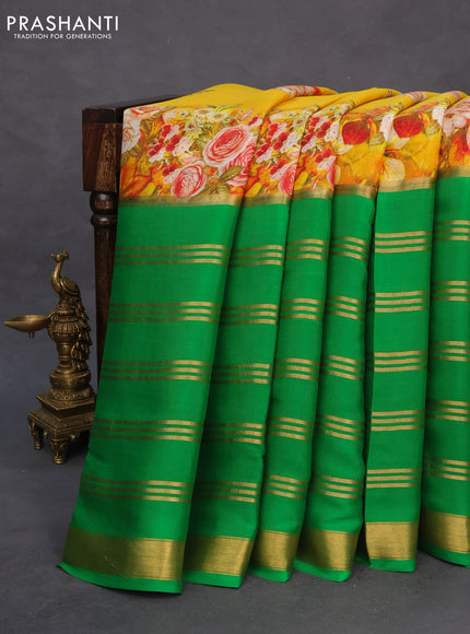 Pure mysore silk saree mustard yellow and green with floral digital prints and long zari woven border