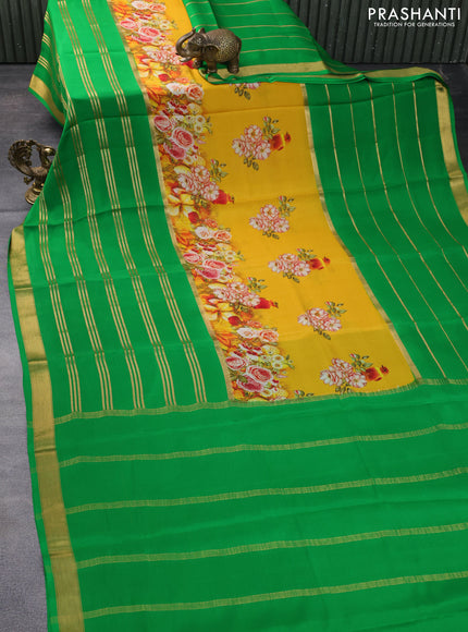 Pure mysore silk saree mustard yellow and green with floral digital prints and long zari woven border
