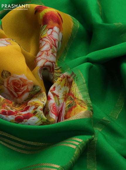 Pure mysore silk saree mustard yellow and green with floral digital prints and long zari woven border