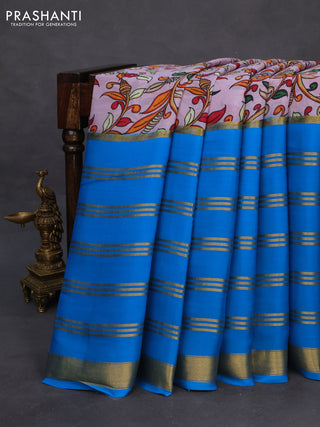 Pure mysore silk saree pastel lavender and cs blue with kalamkari digital prints and long zari woven border
