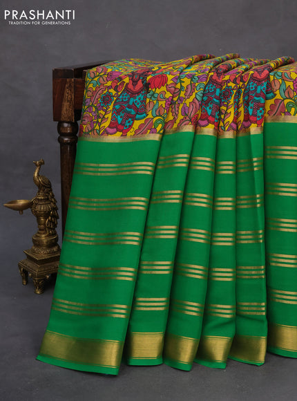 Pure mysore silk saree mustard yellow and green with kalamkari digital prints and long zari woven border