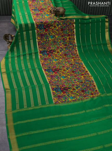 Pure mysore silk saree mustard yellow and green with kalamkari digital prints and long zari woven border