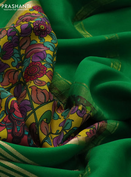 Pure mysore silk saree mustard yellow and green with kalamkari digital prints and long zari woven border
