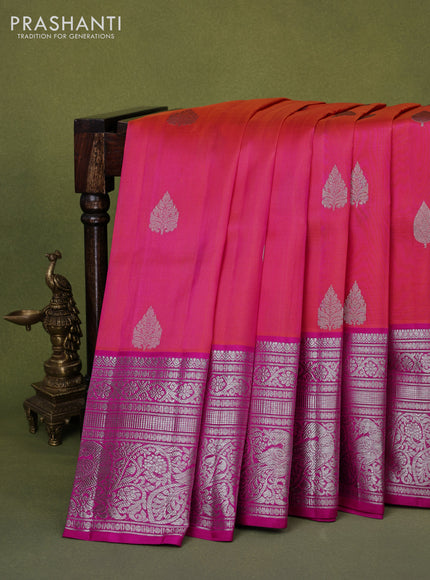 Venkatagiri silk saree dual shade of pinkish orange and pink with silver zari woven buttas and long silver zari woven border