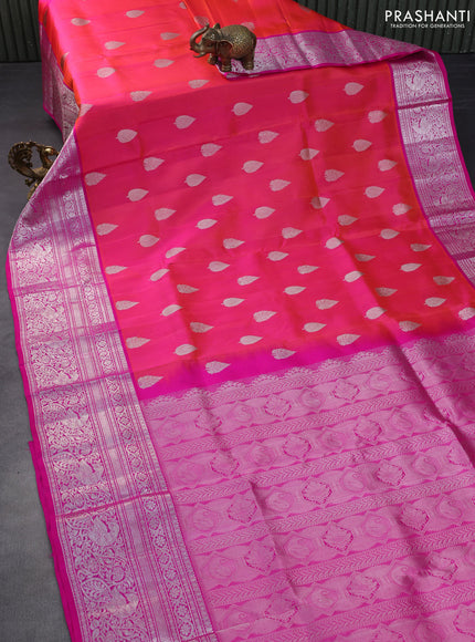 Venkatagiri silk saree dual shade of pinkish orange and pink with silver zari woven buttas and long silver zari woven border