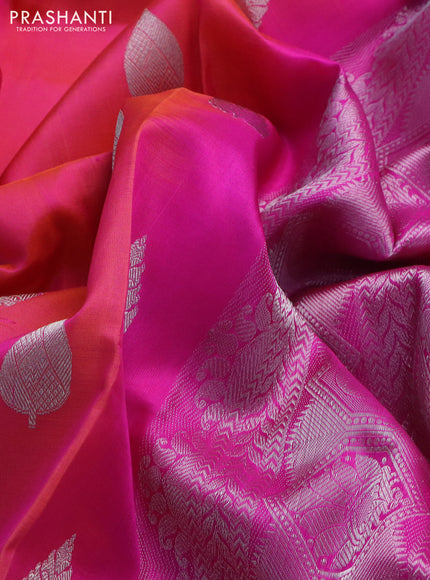 Venkatagiri silk saree dual shade of pinkish orange and pink with silver zari woven buttas and long silver zari woven border