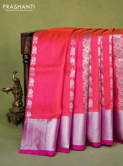 Venkatagiri silk saree dual shade of pinkish orange and pink with allover silver zari weaves and silver zari woven border