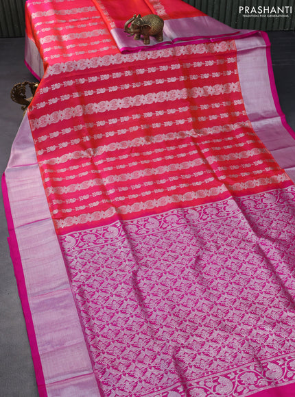 Venkatagiri silk saree dual shade of pinkish orange and pink with allover silver zari weaves and silver zari woven border
