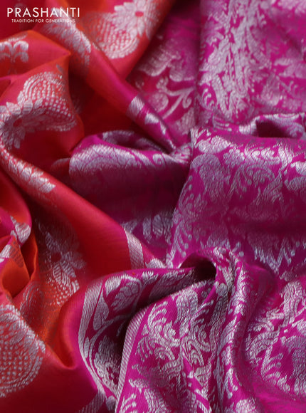 Venkatagiri silk saree dual shade of pinkish orange and pink with allover silver zari weaves and silver zari woven border