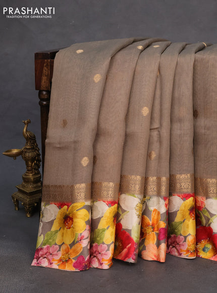 Banarasi tussar silk saree grey with zari woven buttas and zari woven floral digital printed border