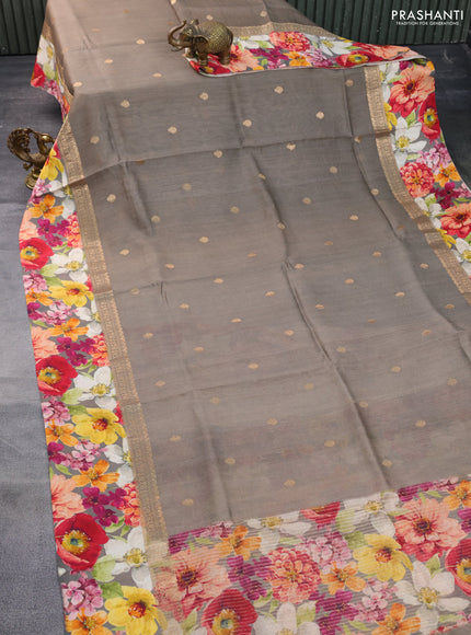 Banarasi tussar silk saree grey with zari woven buttas and zari woven floral digital printed border