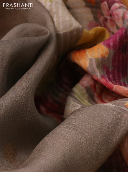 Banarasi tussar silk saree grey with zari woven buttas and zari woven floral digital printed border