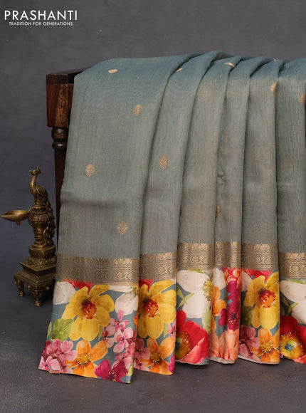 Banarasi tussar silk saree greyish green with zari woven buttas and zari woven floral digital printed border