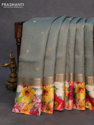 Banarasi tussar silk saree greyish green with zari woven buttas and zari woven floral digital printed border