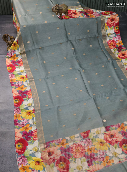 Banarasi tussar silk saree greyish green with zari woven buttas and zari woven floral digital printed border