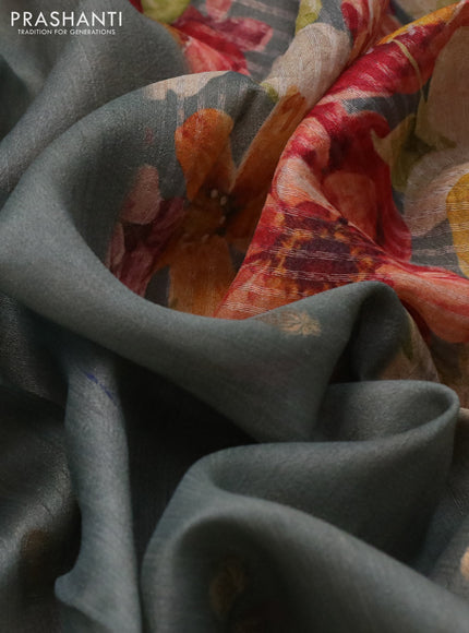 Banarasi tussar silk saree greyish green with zari woven buttas and zari woven floral digital printed border
