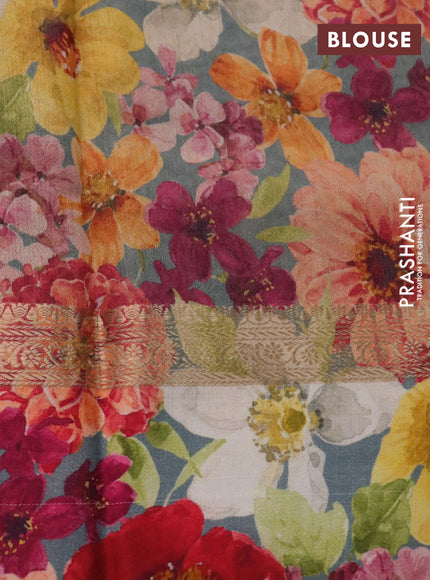 Banarasi tussar silk saree greyish green with zari woven buttas and zari woven floral digital printed border