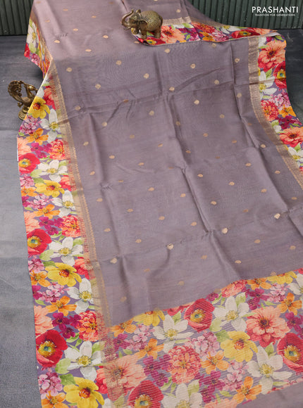 Banarasi tussar silk saree pastel brown with zari woven buttas and zari woven floral digital printed border