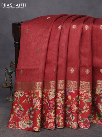 Banarasi tussar silk saree maroon with zari woven buttas and zari woven floral digital printed border