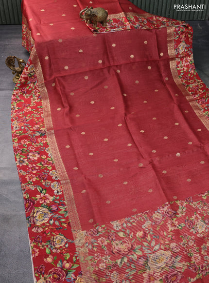 Banarasi tussar silk saree maroon with zari woven buttas and zari woven floral digital printed border