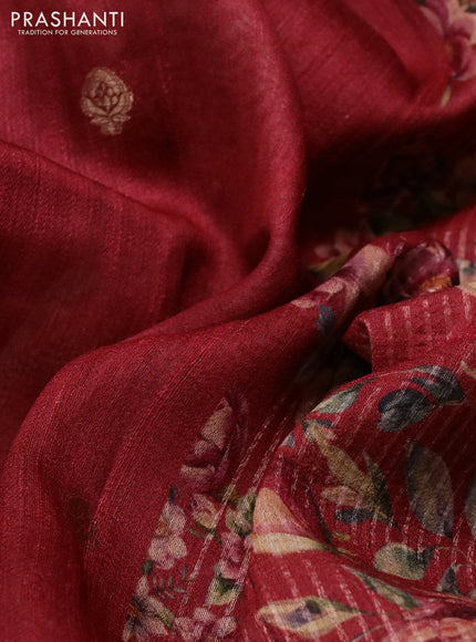 Banarasi tussar silk saree maroon with zari woven buttas and zari woven floral digital printed border