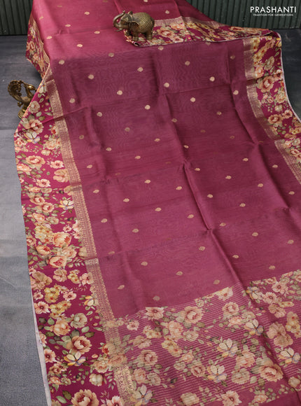 Banarasi tussar silk saree maroon and magenta pink with zari woven buttas and zari woven floral digital printed border