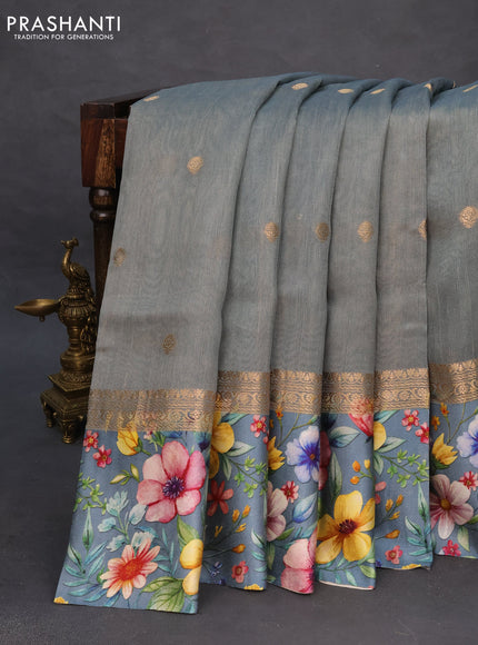 Banarasi tussar silk saree grey with zari woven buttas and zari woven floral digital printed border