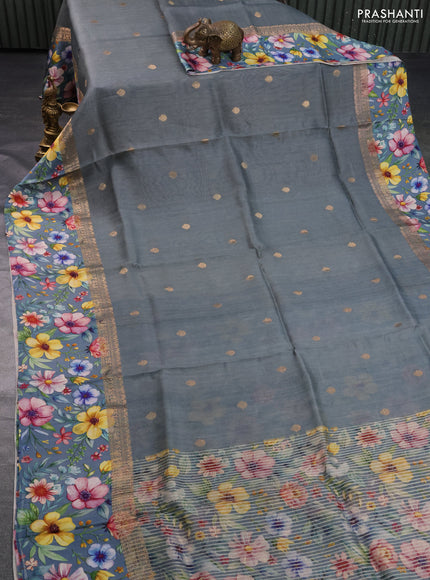 Banarasi tussar silk saree grey with zari woven buttas and zari woven floral digital printed border