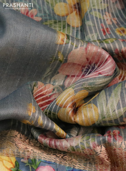 Banarasi tussar silk saree grey with zari woven buttas and zari woven floral digital printed border