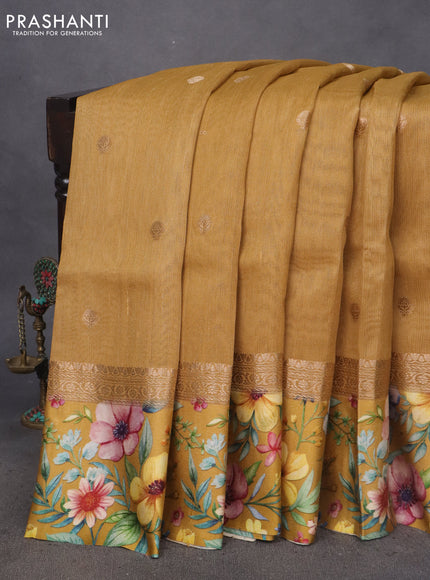 Banarasi tussar silk saree dark mustard and mustard yellow with zari woven buttas and zari woven floral digital printed border