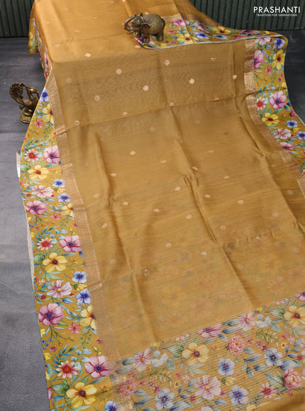 Banarasi tussar silk saree dark mustard and mustard yellow with zari woven buttas and zari woven floral digital printed border