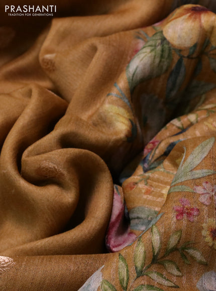 Banarasi tussar silk saree dark mustard and mustard yellow with zari woven buttas and zari woven floral digital printed border