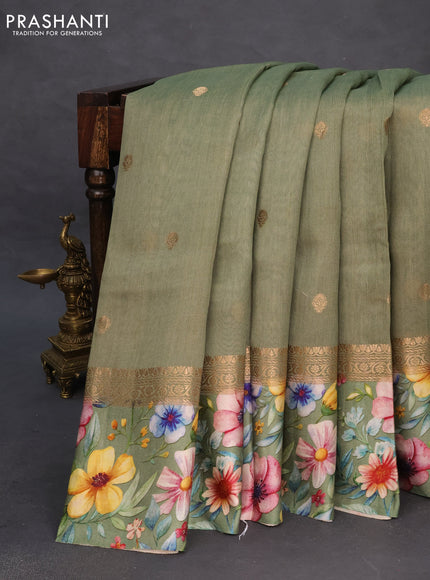 Banarasi tussar silk saree pastel green with zari woven buttas and zari woven floral digital printed border