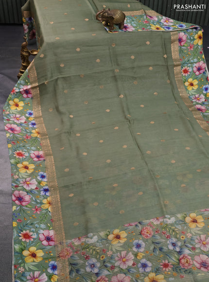 Banarasi tussar silk saree pastel green with zari woven buttas and zari woven floral digital printed border