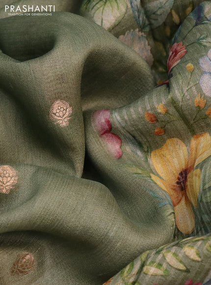 Banarasi tussar silk saree pastel green with zari woven buttas and zari woven floral digital printed border
