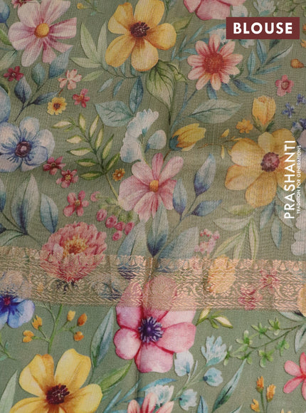 Banarasi tussar silk saree pastel green with zari woven buttas and zari woven floral digital printed border