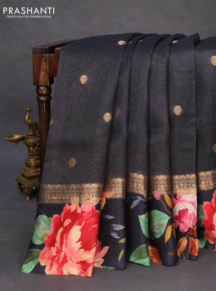 Banarasi tussar silk saree black with zari woven buttas and zari woven floral digital printed border