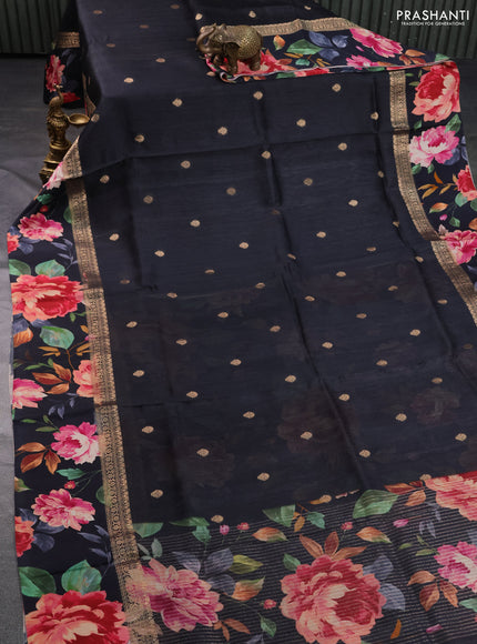 Banarasi tussar silk saree black with zari woven buttas and zari woven floral digital printed border