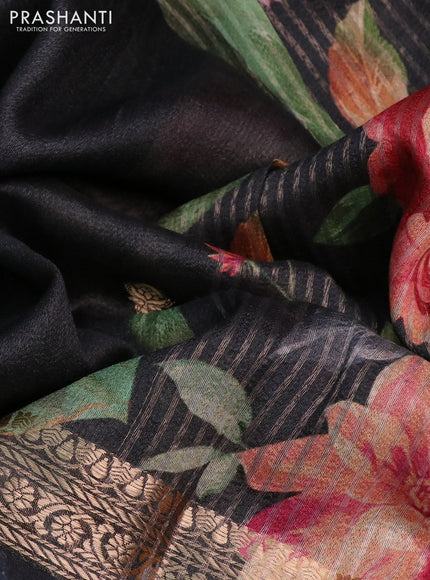 Banarasi tussar silk saree black with zari woven buttas and zari woven floral digital printed border