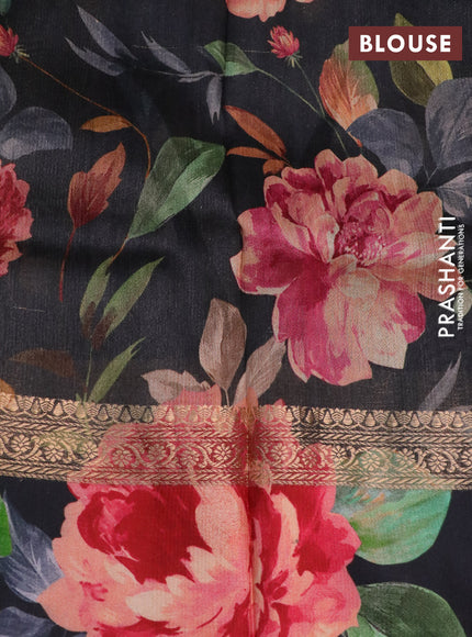 Banarasi tussar silk saree black with zari woven buttas and zari woven floral digital printed border