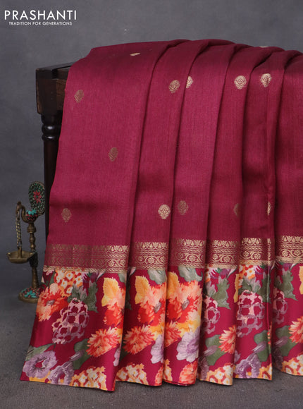 Banarasi tussar silk saree wine shade and dark pink with zari woven buttas and zari woven floral digital printed border