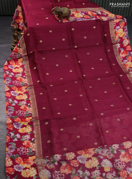 Banarasi tussar silk saree wine shade and dark pink with zari woven buttas and zari woven floral digital printed border