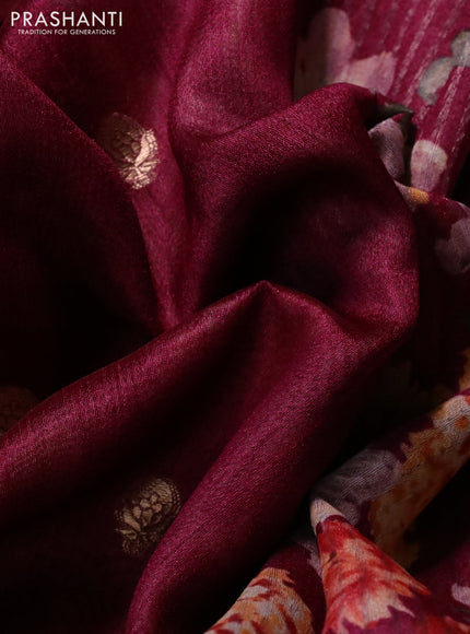 Banarasi tussar silk saree wine shade and dark pink with zari woven buttas and zari woven floral digital printed border